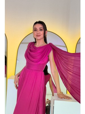 Zks Grup Tekstil-Kadın Degaje Yaka Dökümlü Pelerin Kollu Uzun Abiye Elbise Lacivert,siyah,su Yeşili,fuşya