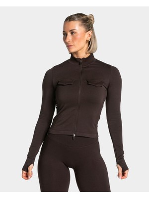 Teveo Çikolata Kahve Fermuarlı Spor Ceket - Seamless Slim Fit