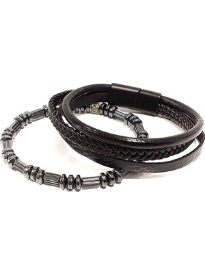Lia Charm Hematit Taşlı Kombin Deri Erkek Bileklik | Doğal Taş, Şık ve Maskülen Tasarım