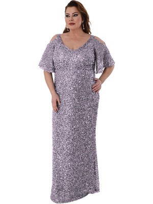 Lilas Xxl Kadın Büyük Beden Full Pul Payet Işlemeli Yarım Kol Maxi Boy Abiye Elbise 2530 Lila