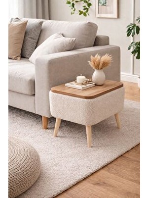 Own Home Nora Sandıklı Yan Sehpa, Teddy Kumaş Kaplamalı Ahşap Ayaklı Modern Yan Sehpa