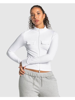Teveo Beyaz Fermuarlı Spor Ceket - Slim Fit Atletik Stil