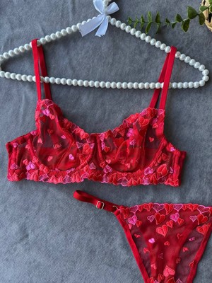 Noches Kırmızı Kalp Detaylı Brode Sütyen Tanga Takım