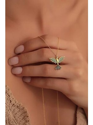 Bilsen Store 925 Ayar Gümüş Zincirli Altın Kaplama Nano Zirkon Taşlı Anka Kuşu