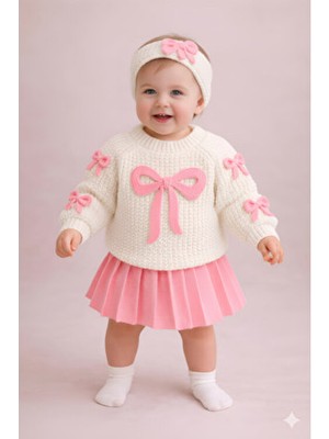 Mihrumay Kız Bebek ve Çocuk Fiyonklu Etekli Kazaklı 3'lü Takım Uzun Kol Düz Desenli