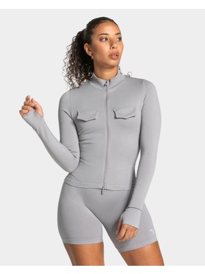 Teveo Gri Fermuarlı Seamless Spor Ceket - Modern ve Fonksiyonel Tasarım