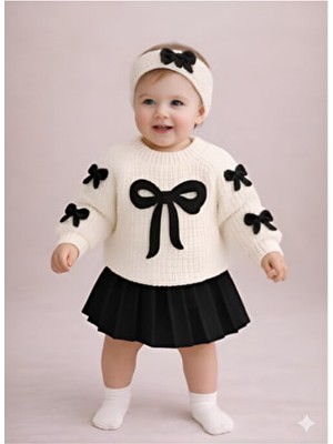 Mihrumay Kız Bebek ve Çocuk Fiyonklu Etekli Kazaklı Saç Bantlı 3'lü Takım