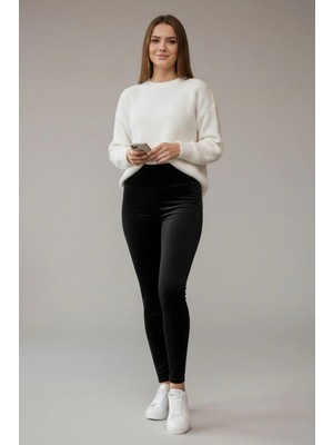 Lodmela Yüksek Bel Toparlayıcı Düz Kadife Tayt R001-SIYAH