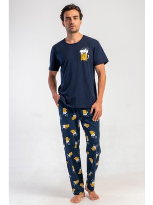 Vienetta Erkek Kısa Kol Lacivert %100 Pamuk Desenli Pijama Takımı C7T2N0105