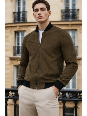 Comstar Erkek Trend Dar Astarsız Nubuk Süet Haki Ceket