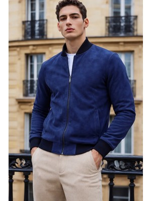 Comstar Erkek Trend Dar Astarsız Nubuk Süet Lacivert Ceket