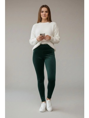 Lodmela Yüksek Bel Fitilli Kadife Toparlayıcı Tayt R008-YEŞIL