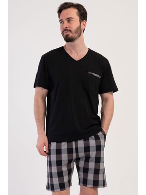 Vienetta Erkek V Yaka Kısa Kol Şortlu Siyah %100 Pamuk Pijama Takımı C5T8N1904