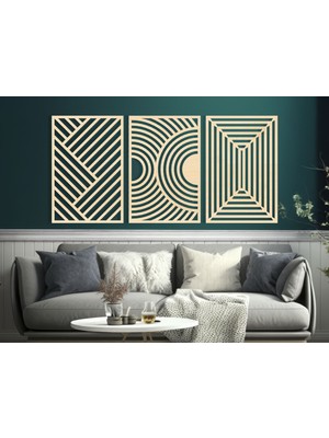 3 Parça Modern Geometrik Ahşap Duvar Tablosu Seti – Dekoratif Mdf Tablo