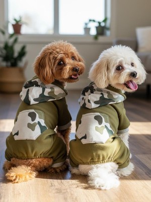 Kemique Kamuflaj Desenli Köpek Tulumu | Kapüşonlu | Pamuklu Polar Kumaş | Haki Yeşil | Küçük Irklar Için