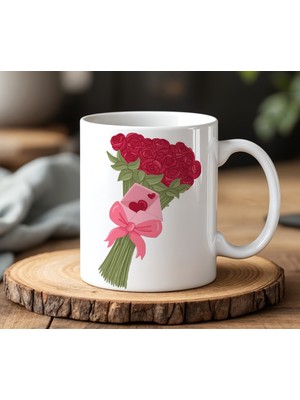 BB Design Kırmızı Gül Tasarımlı Beyaz Seramik Baskılı Kupa Bardak 330 ml