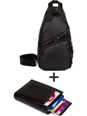 Newish Yıkama Deri USB Çapraz Göğüs Bel Omuz Çantası ve Mekanizmalı Cüzdan NEW210 - Siyah