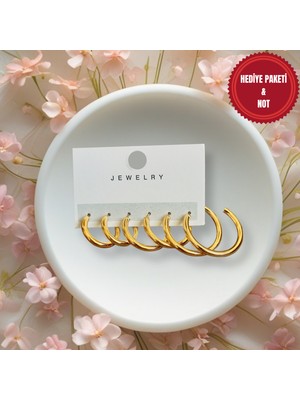 Muun Store 6'lı (3 Çift) Gold Renk Halka Küpe Seti – Sevgililer Günü Için Şık ve Zarif Hediye