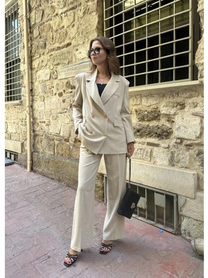Asfa Moda Kadın Krem Oversize Kruvaze Blazer Ceket Çift Düğmeli Ofis Şık Klasik Takım Ceket