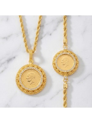 Ferizz Altın Kaplama Burgu Zincirli Yarım Altınlı Kolye ve Çeyrek Altınlı Bileklik Kombin BND-109