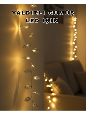 Dekoratif Gümüş Yaprak LED Aydınlatma Pilli Şık Ortam Işığı - KA002N-7048R1