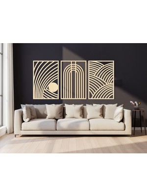 3 Parça Modern Geometrik Ahşap Duvar Tablosu Seti – Dekoratif Mdf Tablo