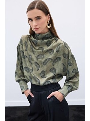 Sateen Degaje Yaka Desenli Bluz - Haki