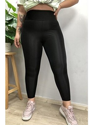 Tusebu Büyük Beden Yüksek Bel Parlak Siyah Toparlayıcı Likralı Tayt