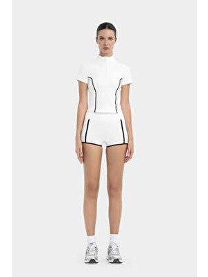 Louren Fermuarlı Spor Body - Beyaz Kontrast Dikişli, Esnek ve Nefes Alabilen Kumaş Özelliği