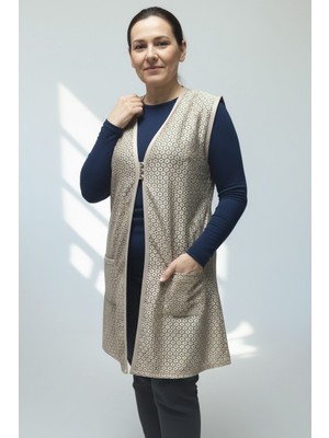 Ece Giyim Kadın Önü Üç Düğmeli Cepli Uzun Dantel Yelek