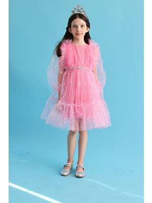 Le Mabelle Pembe Omzu Fırfır Detaylı Yıldızlı Kız Çocuk Elbise - Stella