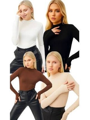 Hashtag Kadın Balıkçı Yaka Parmak Detaylı Body 4'lü Set Viskon Kumaş