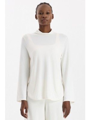 Yüksek Yaka Cepli Uzun Kollu Hafif Sweatshirt Kırık Beyaz