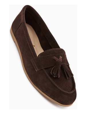 Limoya Doris Hakiki Deri Kahve Süet Püsküllü Kadın Loafer Ayakkabı