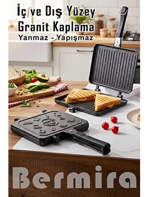 Bermira Home Collection Lüks Grıll Tost Makinası Ocak Üstü Iç ve Dış Granit Tost Makinesi