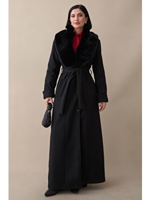 inStyle Yakası Kürklü Astarlı Kuşaklı Siyah Kaşe Kaban