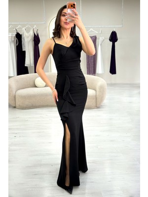 The Zks-Kadın Ön Fırfırlı Asimetrik Yaka Yırtmaçlı Abiye Elbise Lacivert, Bordo, Siyah