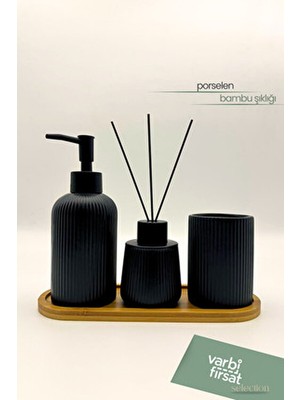VarBiFırsat 3'lü Porselen Banyo Seti – Bambu Tabanlı Şık Aksesuar Seti (Sabunluk, Diş Fırçalık, Oda Kokusu Kabı)