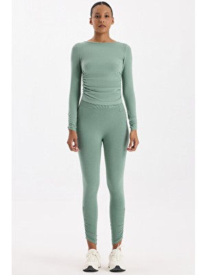 COMEUP Kadın Paçası Büzgülü Spor Tayt Deniz Köpüğü Toparlayıcı Özellikli Slim Fit