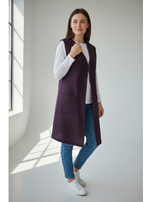 Ece Giyim Kadın Önü Üç Düğmeli Cepli Uzun Dantel Yelek