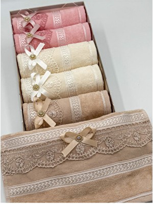 ayhanhome 6'lı Fiyonk Taşlı Güpürlü Kutulu Çeyizlik 30X50 Kadife Mutfak Havlusu