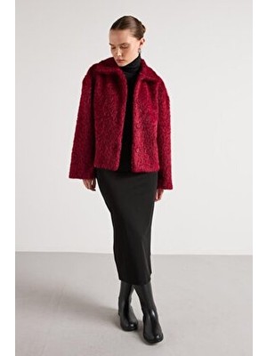 Minaaise Pelüş Kısa Astarsız Düğmeli Kaban Bordo