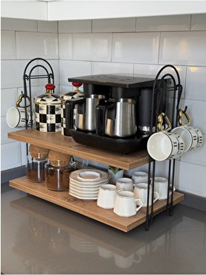 Kahve Makinesi Rafı Oval Çam Tezgah Üstü Kahve Köşesi Rafı Mutfak Rafı Iki Kat Askılı