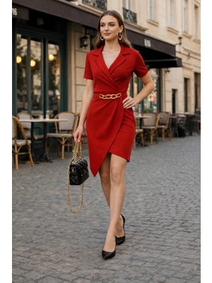 Cuyka Kadın Kruvaze Krep Kumaş Zincir Kemerli Elbise