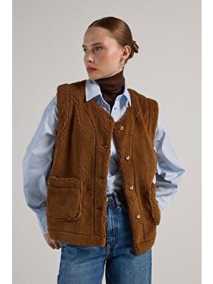 Minaaise Kadın Camel Peluş Yelek 30049