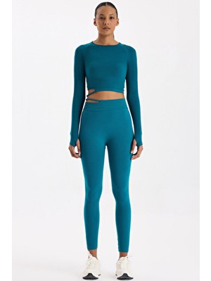 Tokalı Beli Pencereli Spor Tayt Milenyum Yeşili