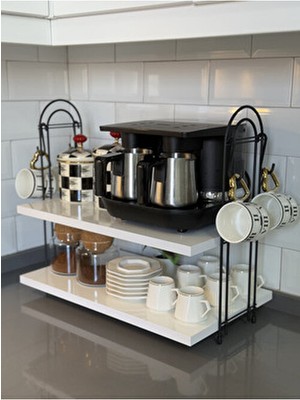 Kahve Makinesi Rafı Oval Tezgah Üstü Kahve Köşesi Rafı Mutfak Rafı Iki Kat Askılı Beyaz