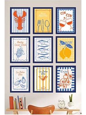 UNT Retro Deniz Temalı 9 Parça Mdf Duvar Tablo Seti - Mutfak ve Kafe Dekoru - Uv Baskı 15X20 cm