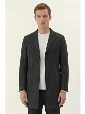 Sabri Özel Giotelli Gri Regular Fit Yünlü Mono Yaka Çizgili Kaşe Kaban