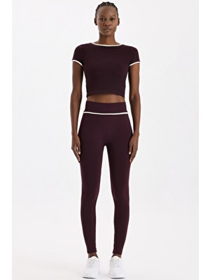 Kontrast Biyeli Spor Tayt Burgundy